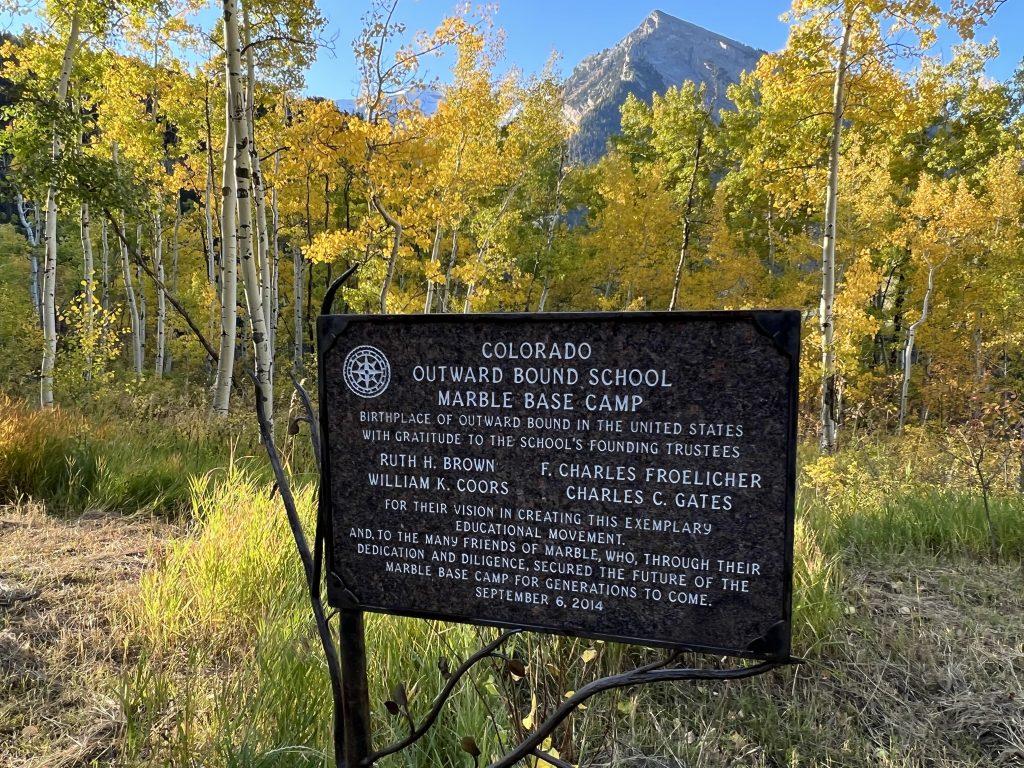 A sign at the Marble Base Camp honoring its legacy and those who have worked to protect it.